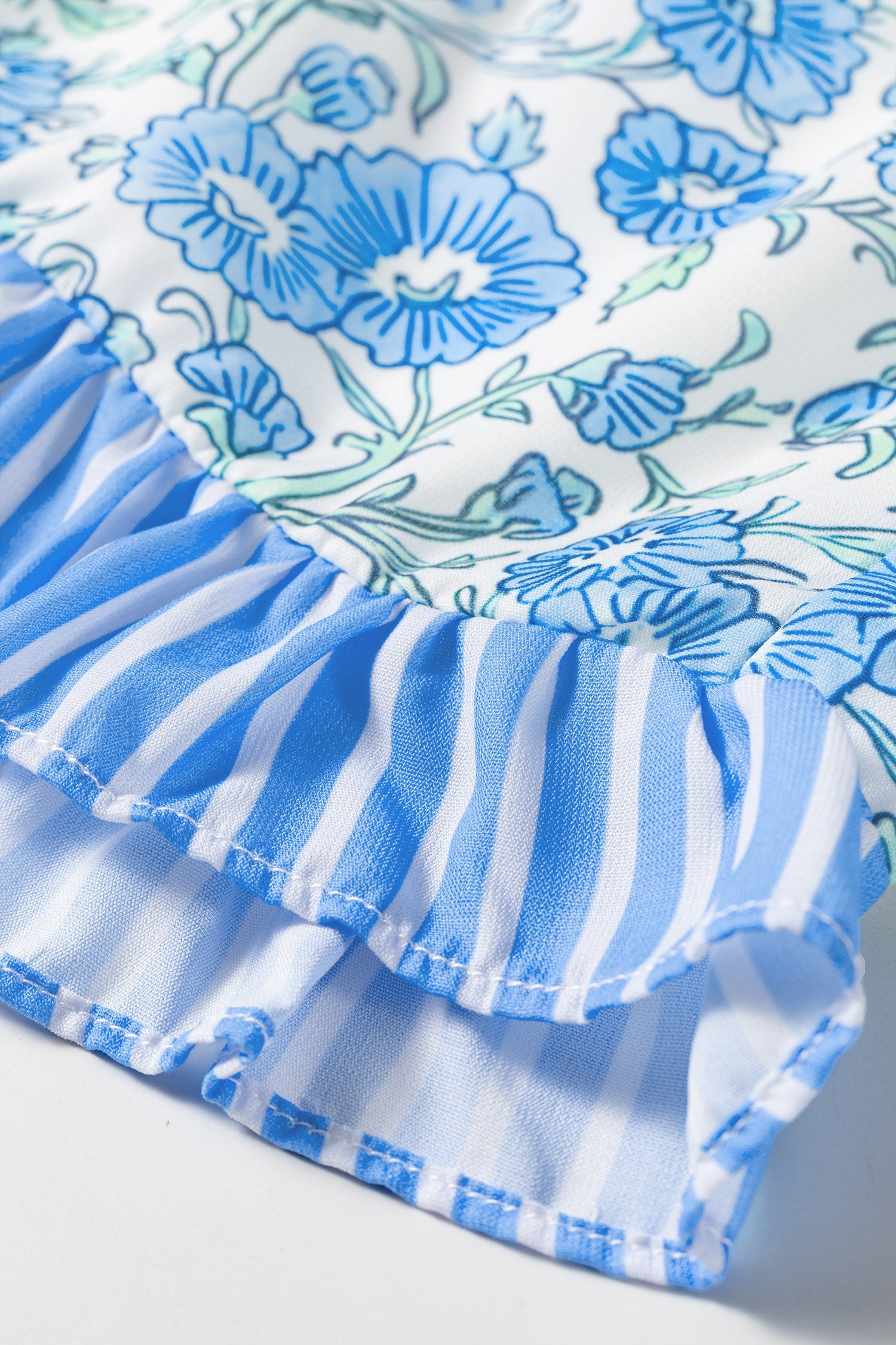Floral Striped Summer Striped Ruffle Hem Lace Tie Shorts in Sky Blue