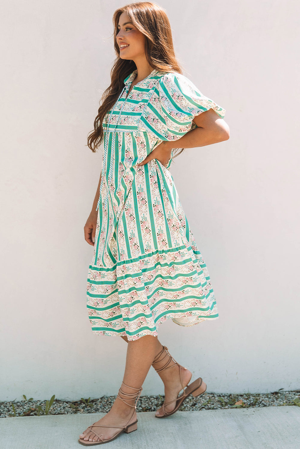 Striped Floral Print Tie Split Neck Puff Sleeve Midi Dress