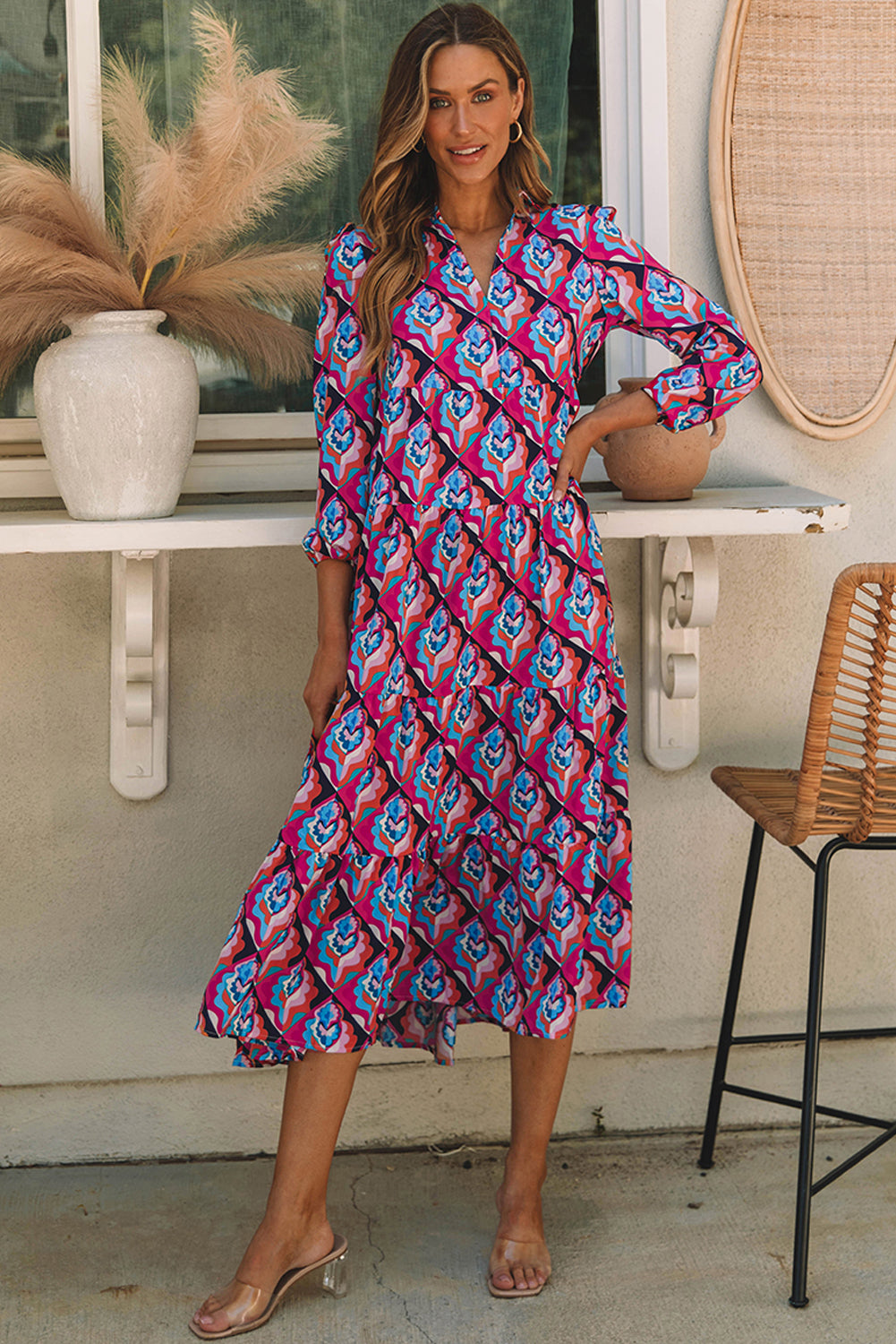 Women's High-Rise Geometric Long-Sleeve Dress