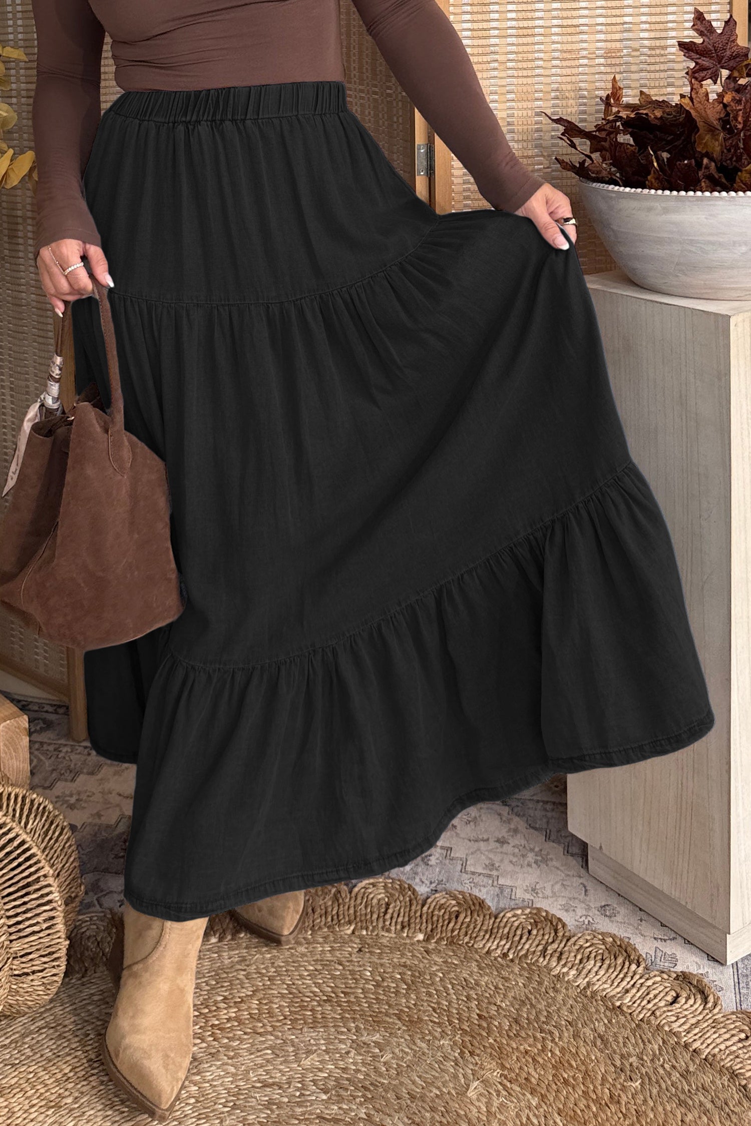 Waist Ruffled Elastic Ruffled Tiered Flared Denim Maxi Skirt in Black