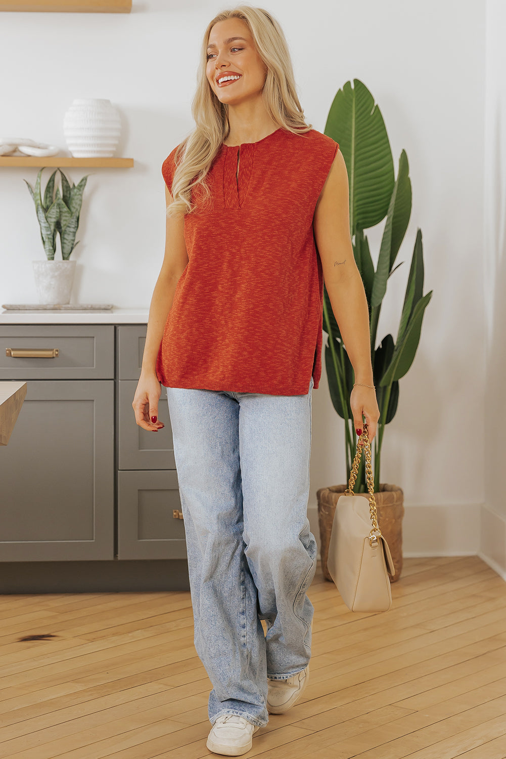 Solid Color Split V Neck Short Sleeve Sweater