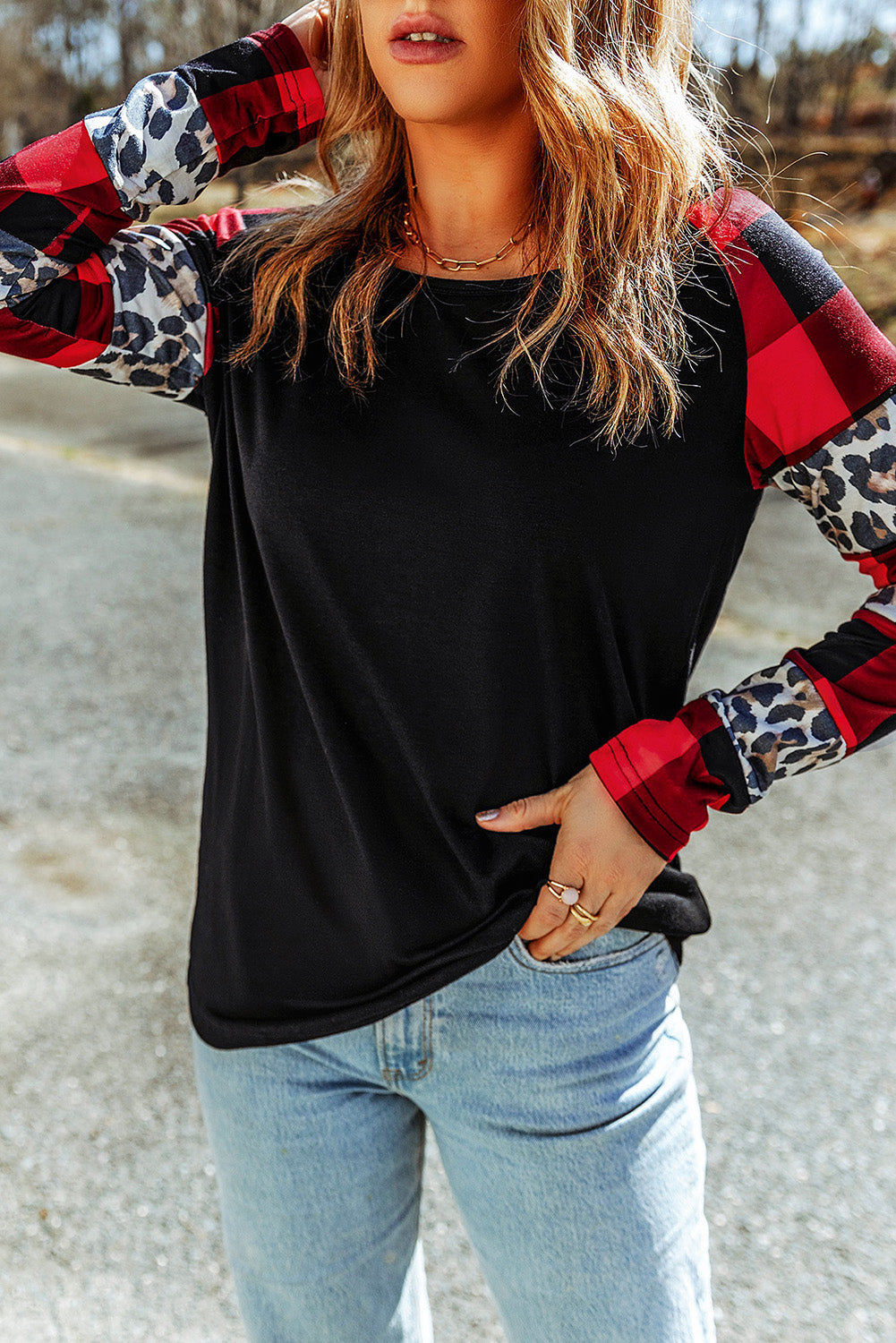 Women's Plaid Leopard-Print Print Long-Sleeve Top
