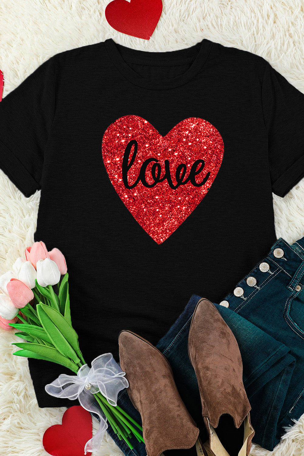 T Shirt for Women Print Love Heart Shaped Glitter