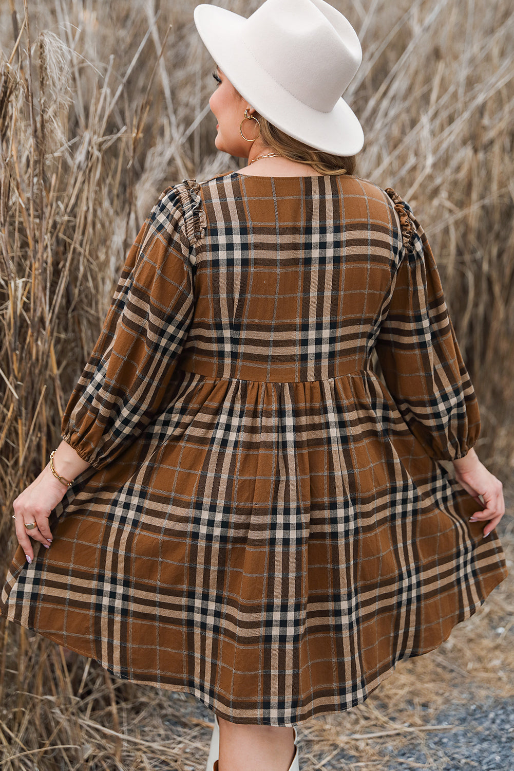 Women's Dress with Plus Size Babydoll Plaid V Neck