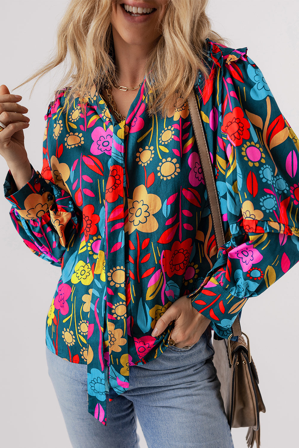 Women's Blouse Featuring Knot-Detail Split Neck Balloon Sleeve Floral-Print