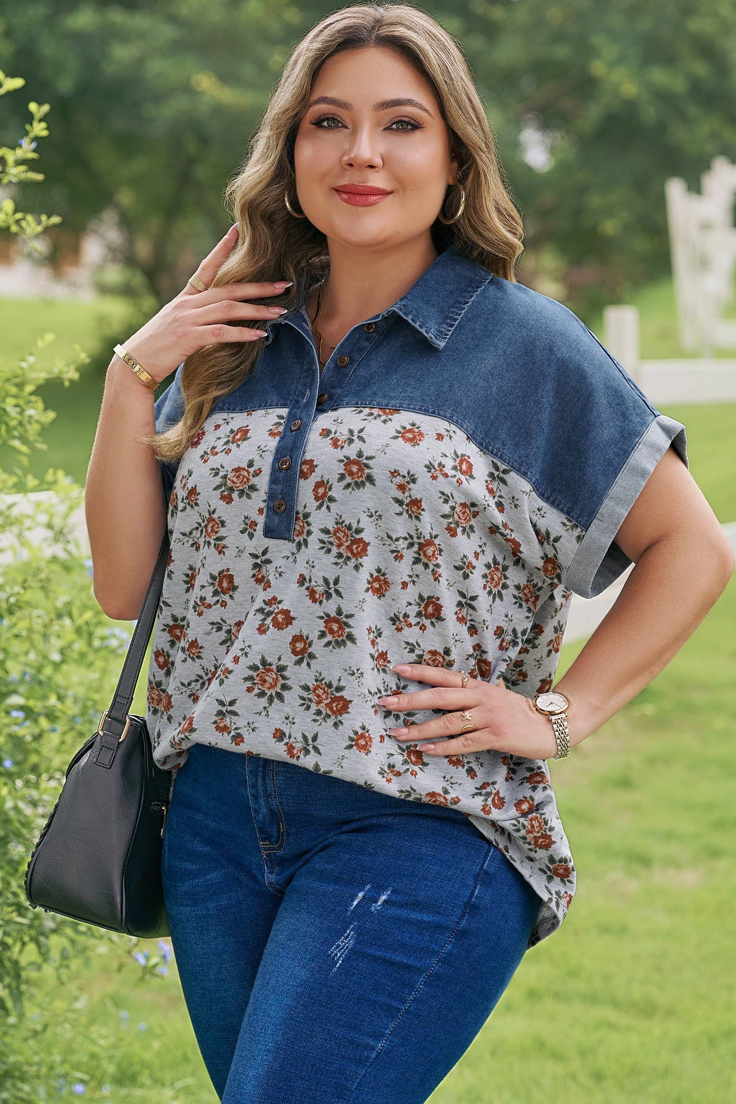 Floral-Print Denim Retro Denim Patchwork Plus Size Polo Tee in Gray