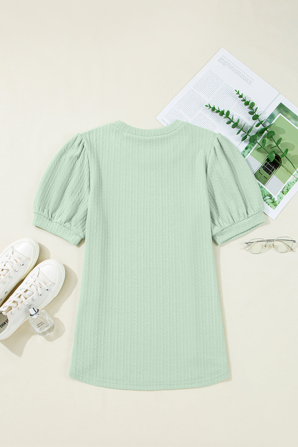 Textured Round Neck Short Puff Sleeve Top