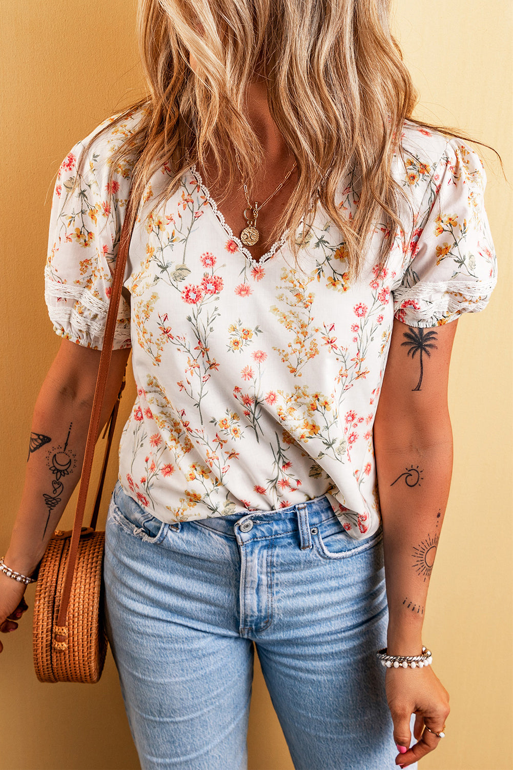 Women's Blouse with Lace-Trimmed Bohemian Floral-Print