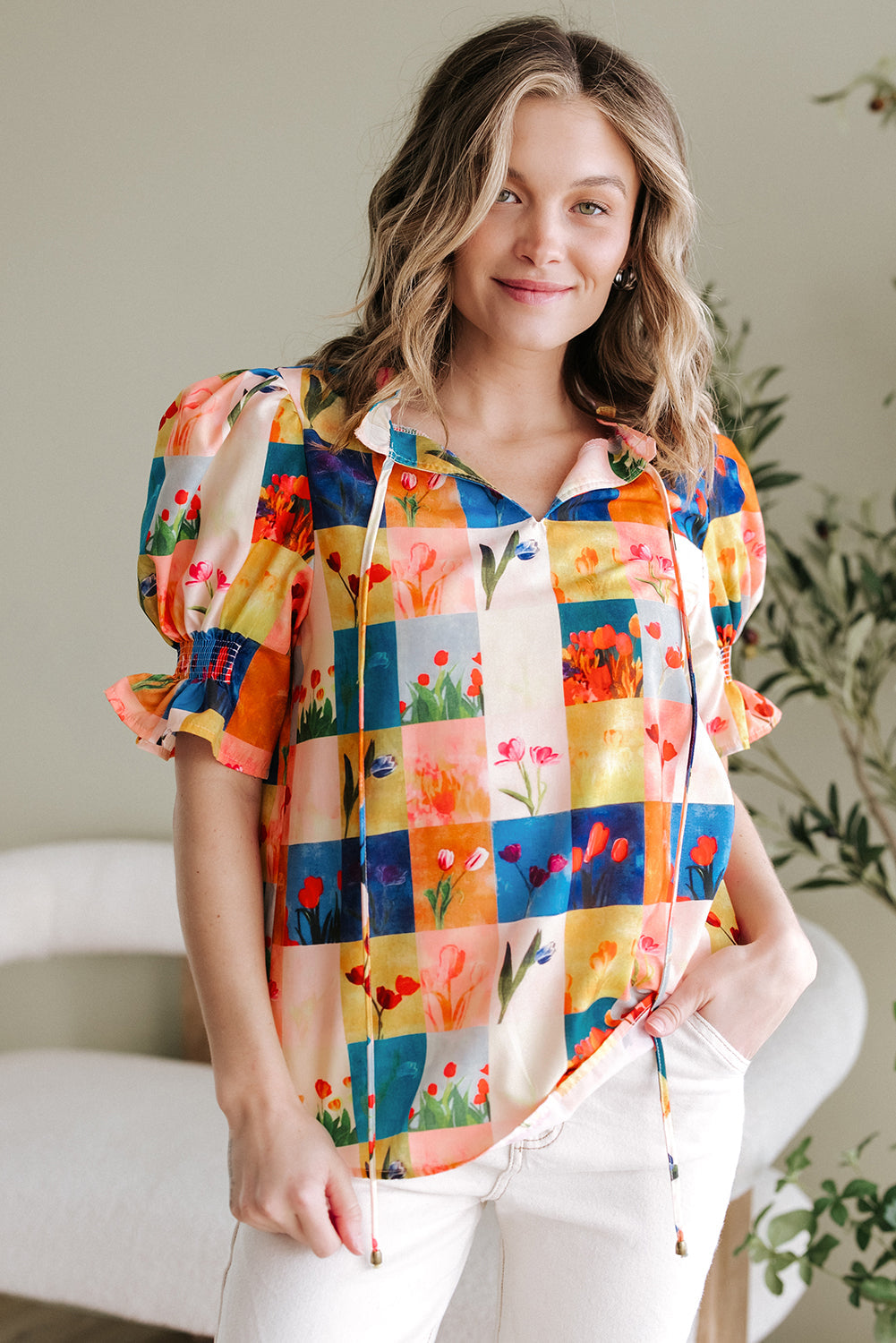 Floral Checker Print Ruffled Short Puff Sleeve Blouse