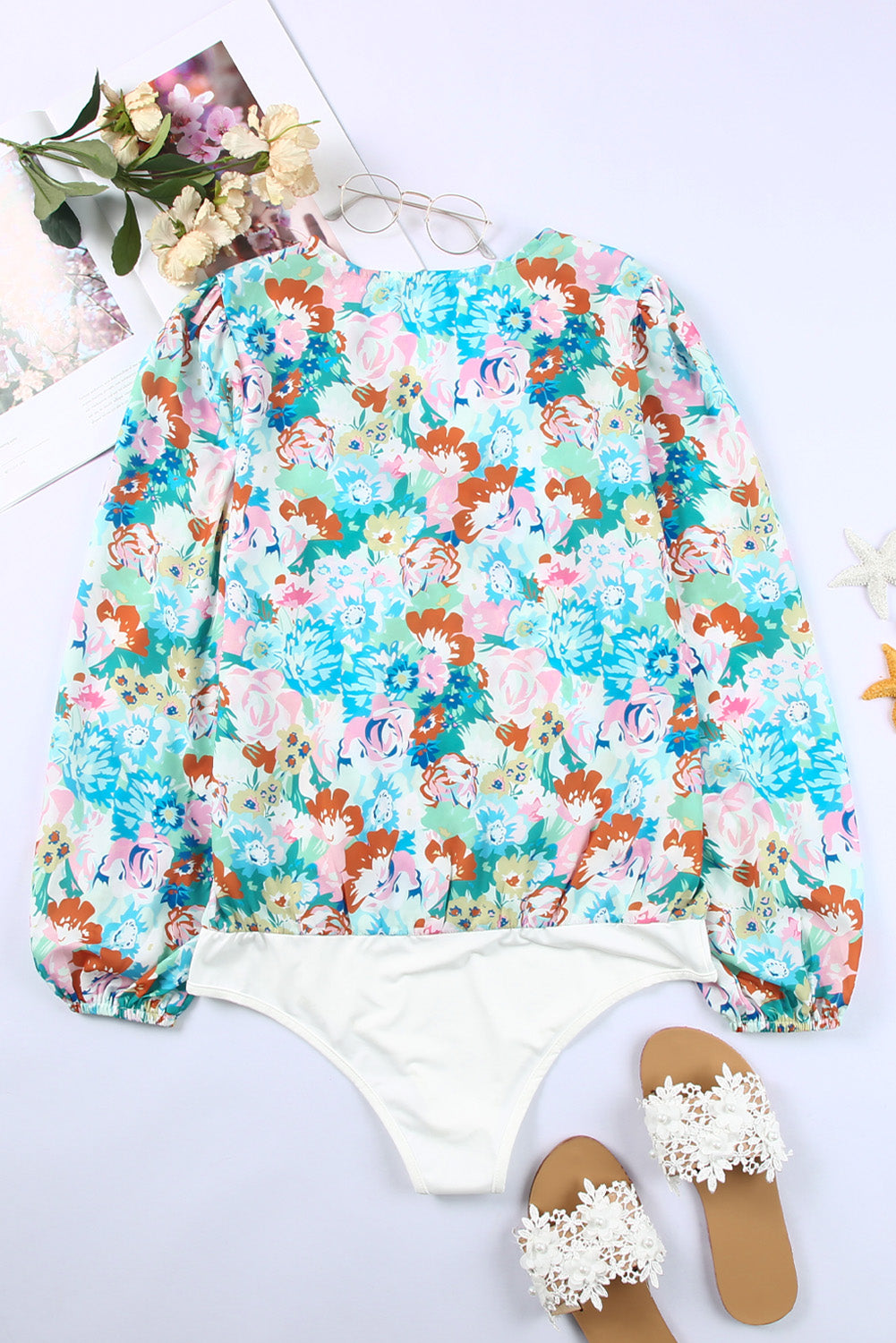 Bodysuit for Women Floral-Print Print Wrap