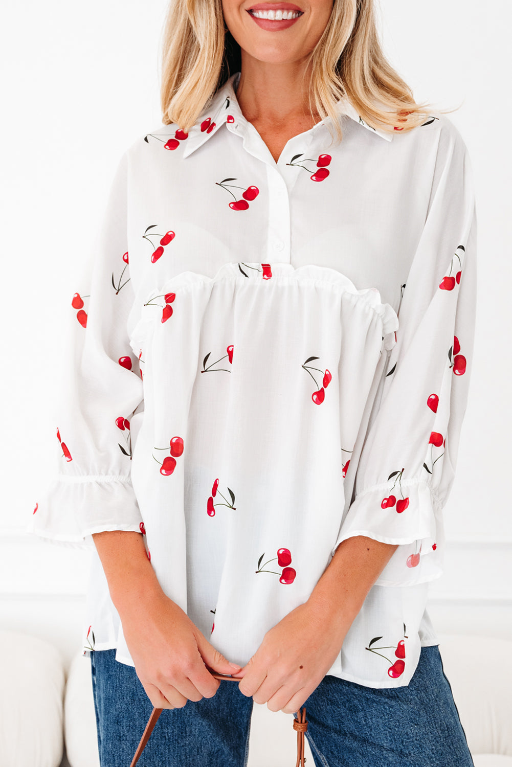 Print Flounce Cherry Flounce Sleeve Collared Frilled Babydoll Blouse