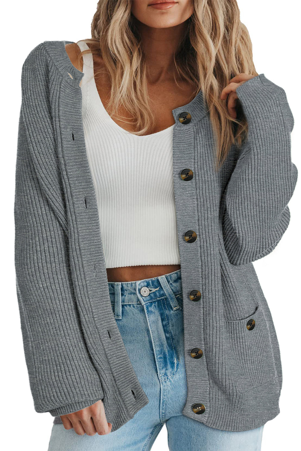 Chunky Cardigan Button-Front Round-Neck Knit Top