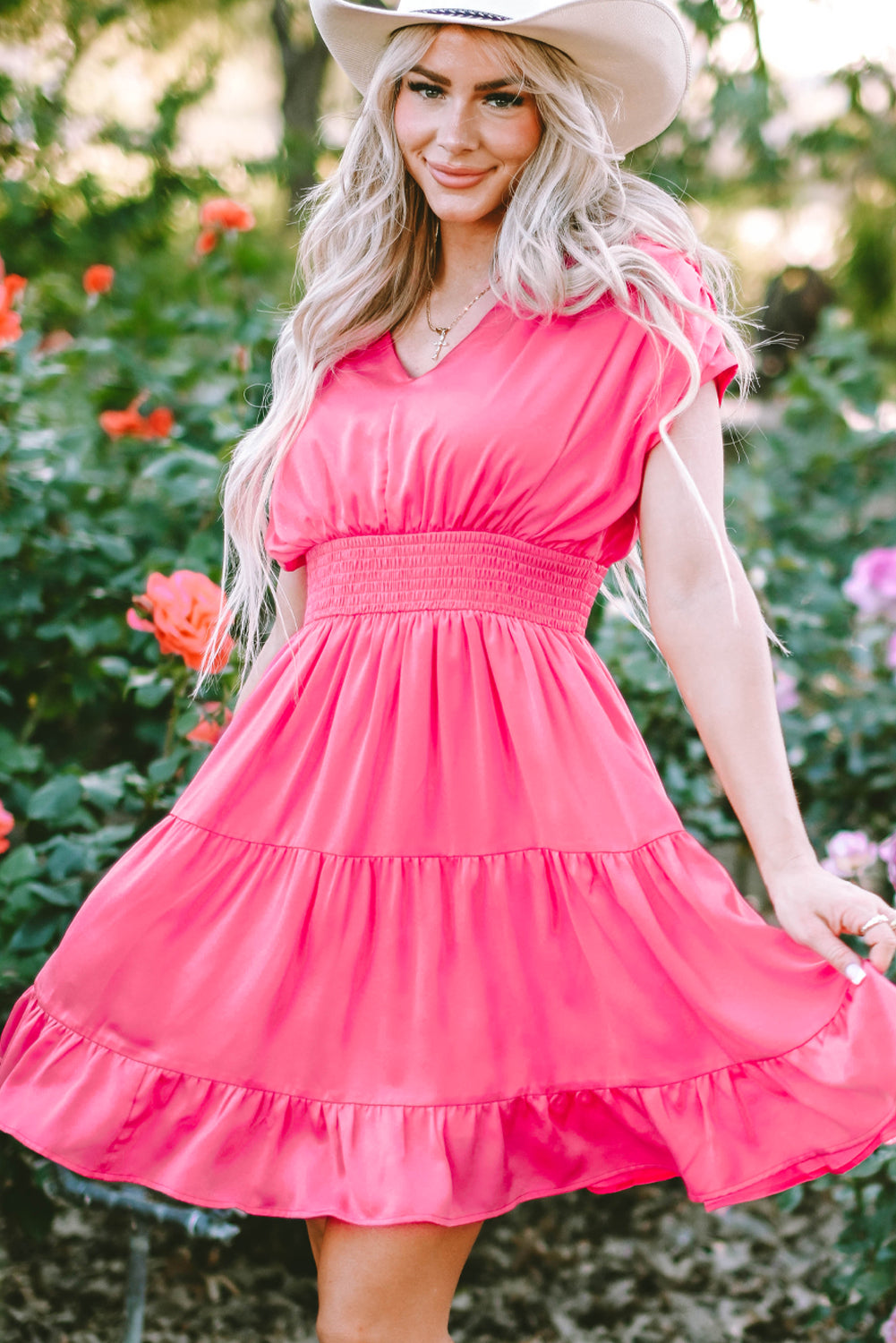 Women's Dress with Smock Waist Layered Ruffle-Trimmed