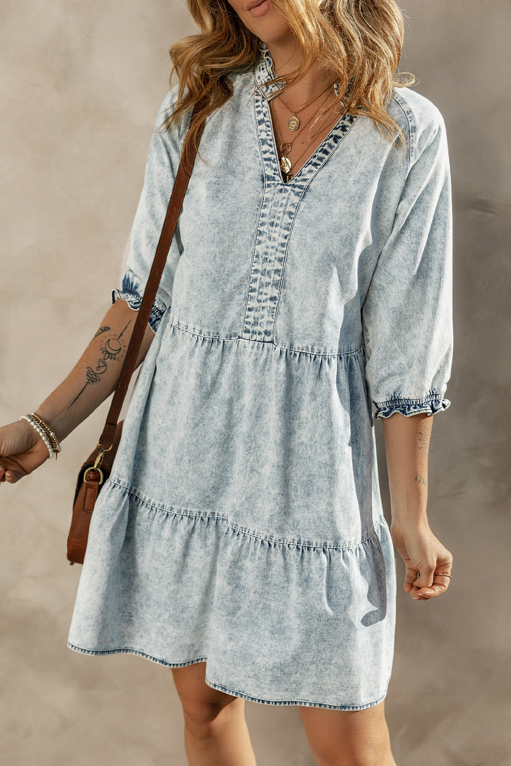 Dress for Women Denim Wash Retro Half Sleeve