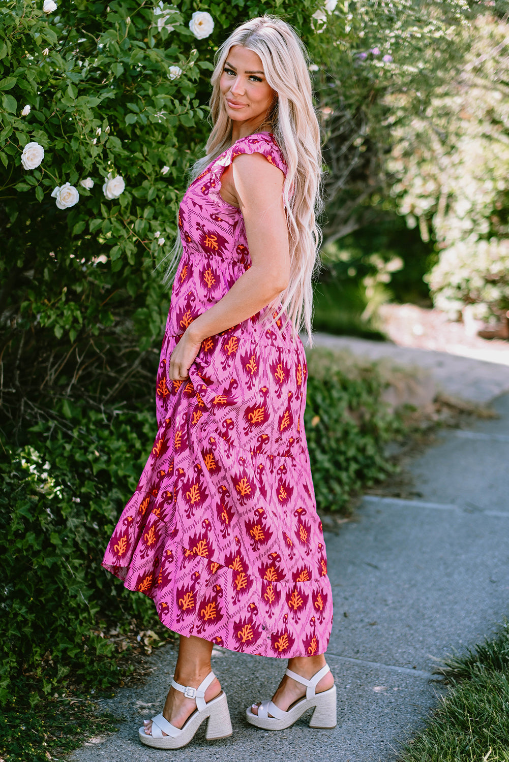 Women's Maxi Dress with Ruffle-Trimmed Sleeve Twist-Front