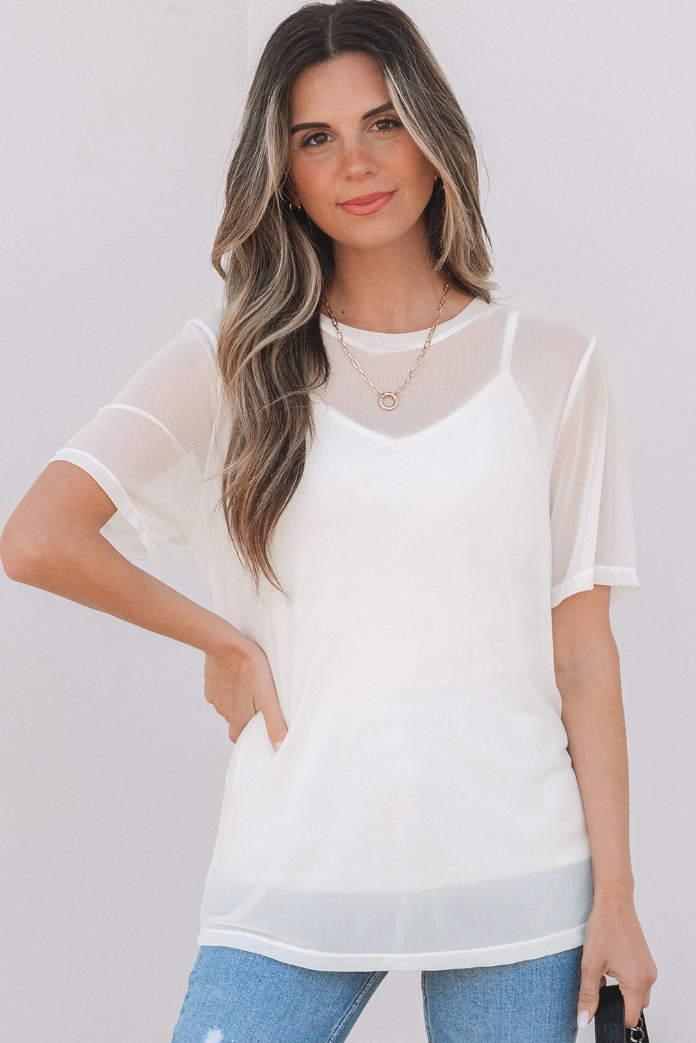 White Sheer Mesh Patchwork Short Sleeve Top