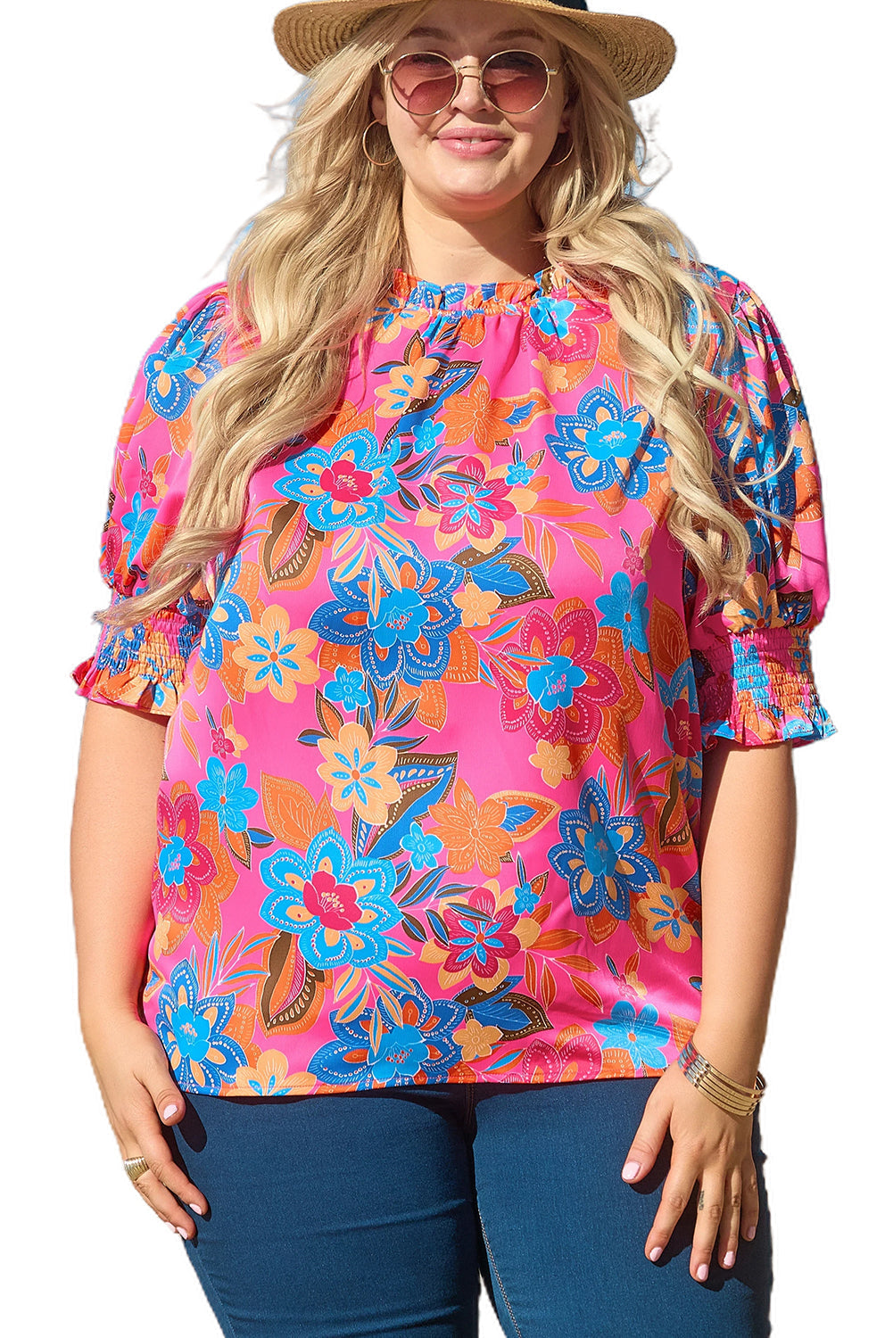 Women's Blouse Featuring Floral-Print Frill-Trimmed Plus Size