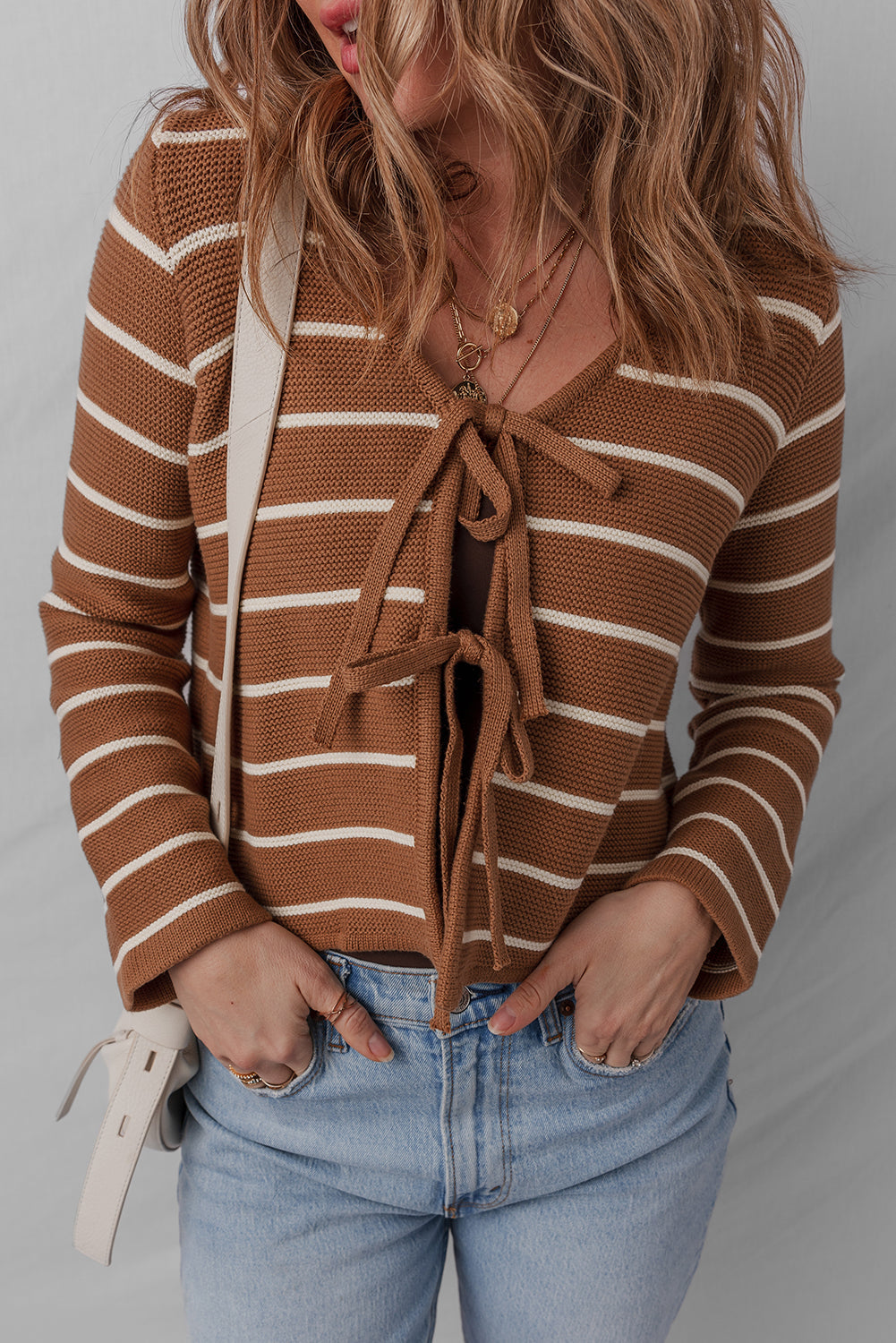 Front Striped Tie Striped Knit V-Neck Cardigan Knit Top