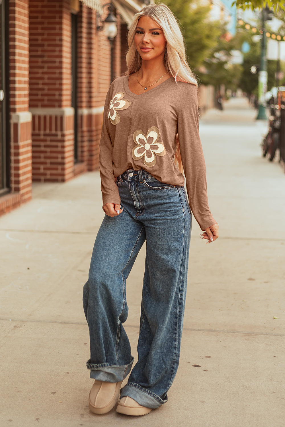 Floral Long-Sleeved Patchwork V-Neck T Shirt