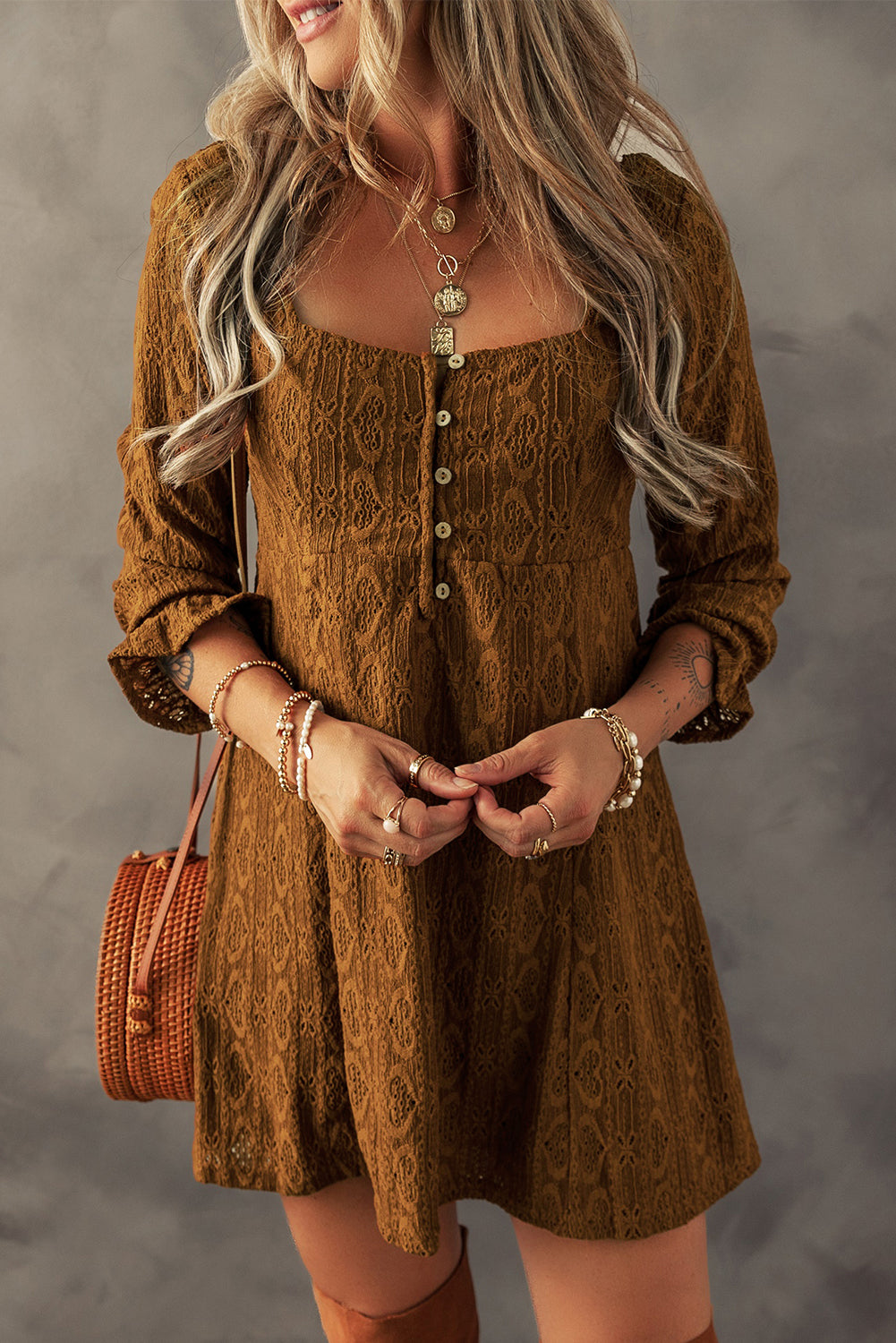 Women's Mini Dress Featuring Shift Lace-Trimmed Square Neck