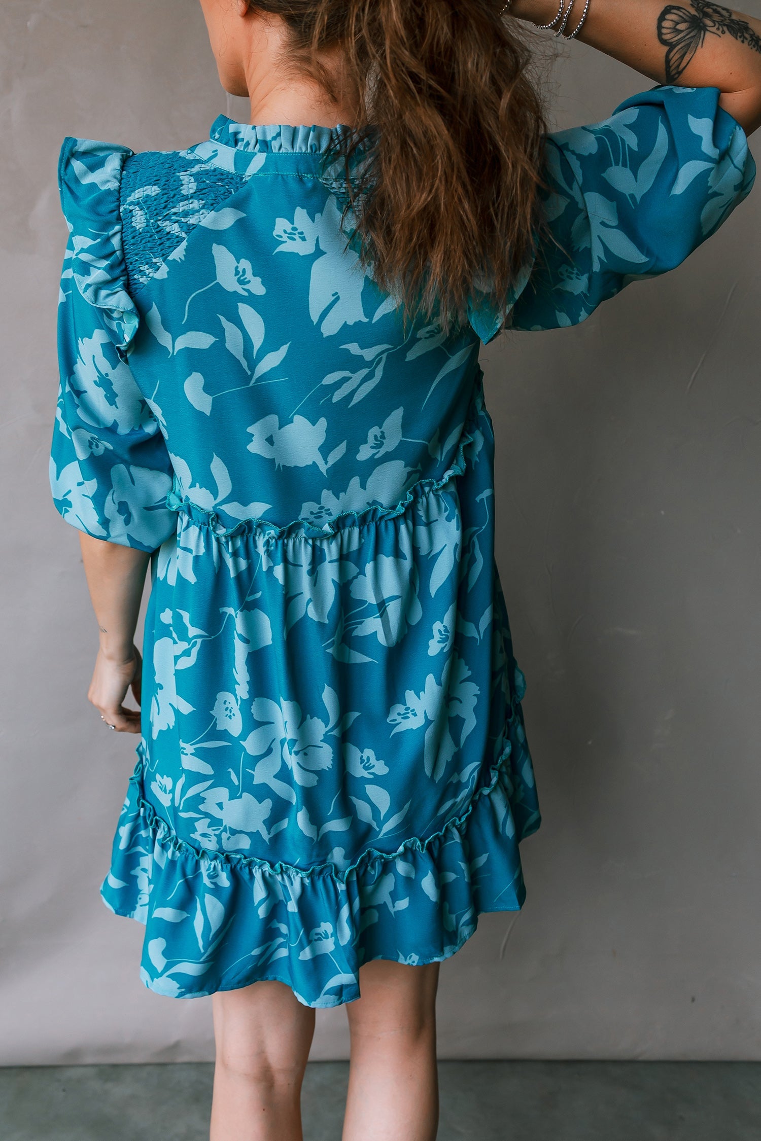 Flower Half Sleeve Tiered Ruffled Mini Dress in Blue