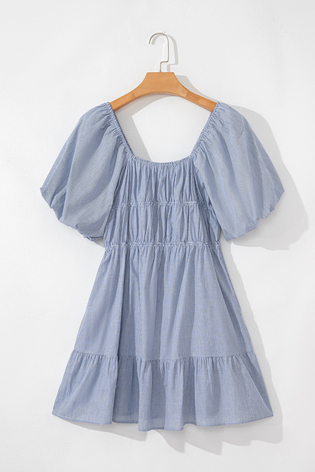Cute Sky Blue Stripe Square Neck Ruched Babydoll Dress