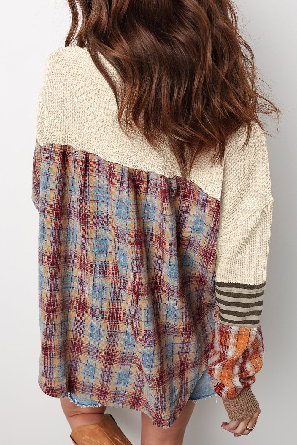 Stripe Plaid Waffle Plaid Patchwork Henley Knit Top
