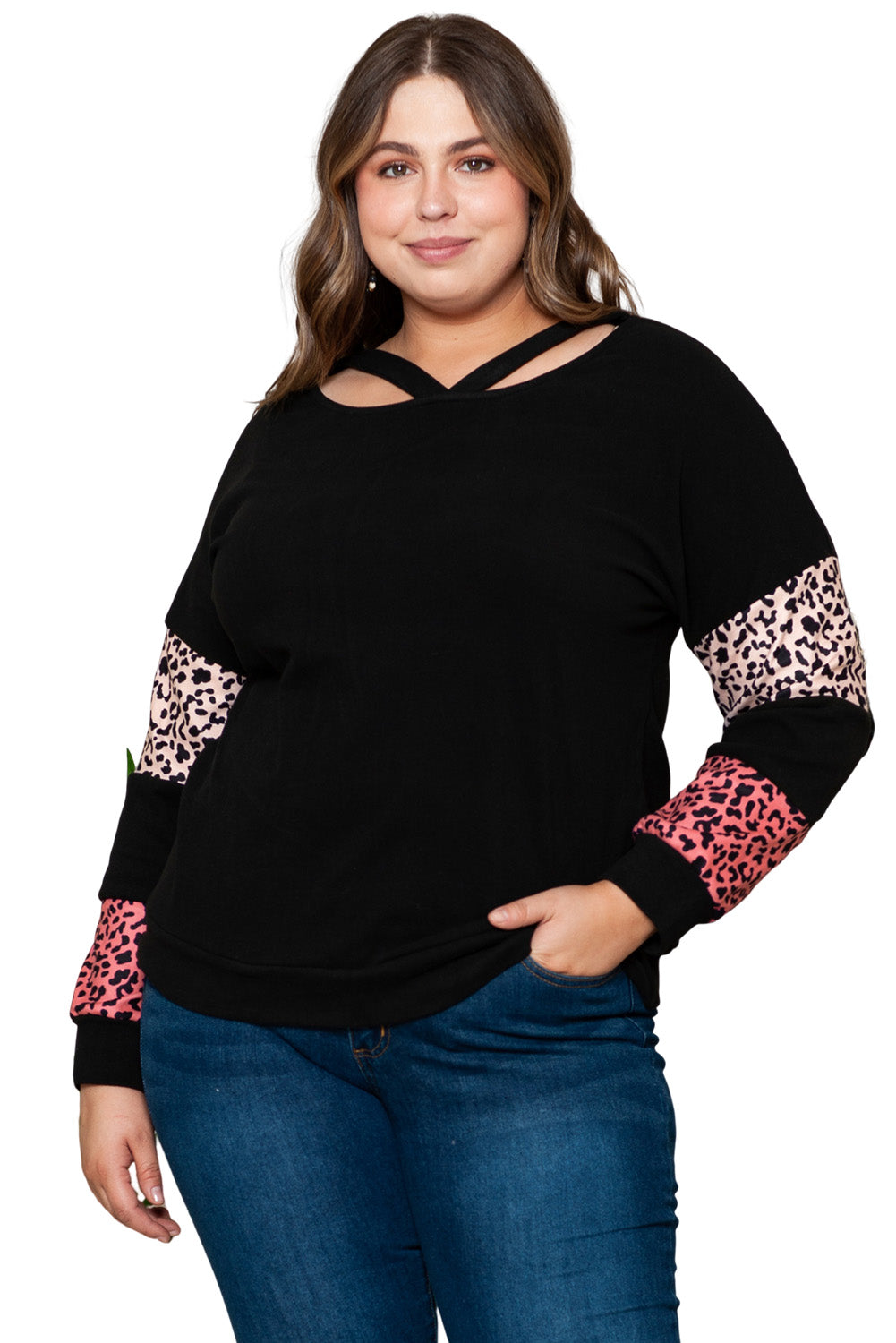 Women's Top Featuring Plus Size Leopard-Print Patchwork Strappy Neck