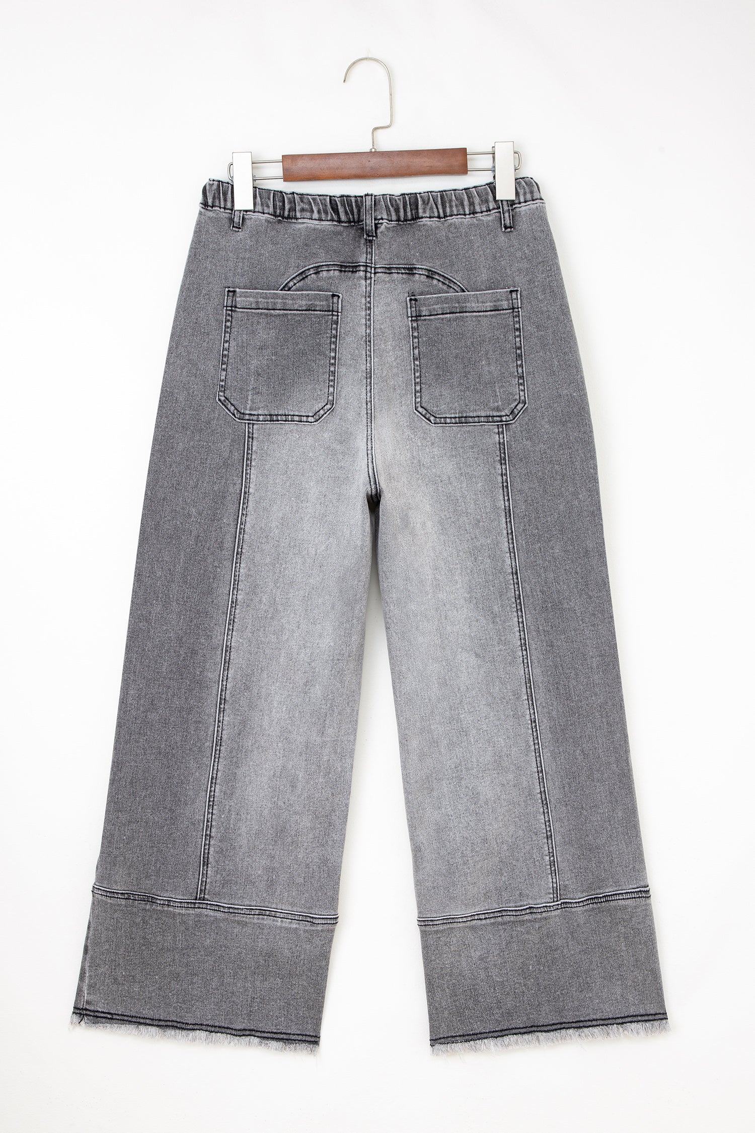 Detail Drawcord Seam Raw Hem Wide-Leg Denim Pants in Gray