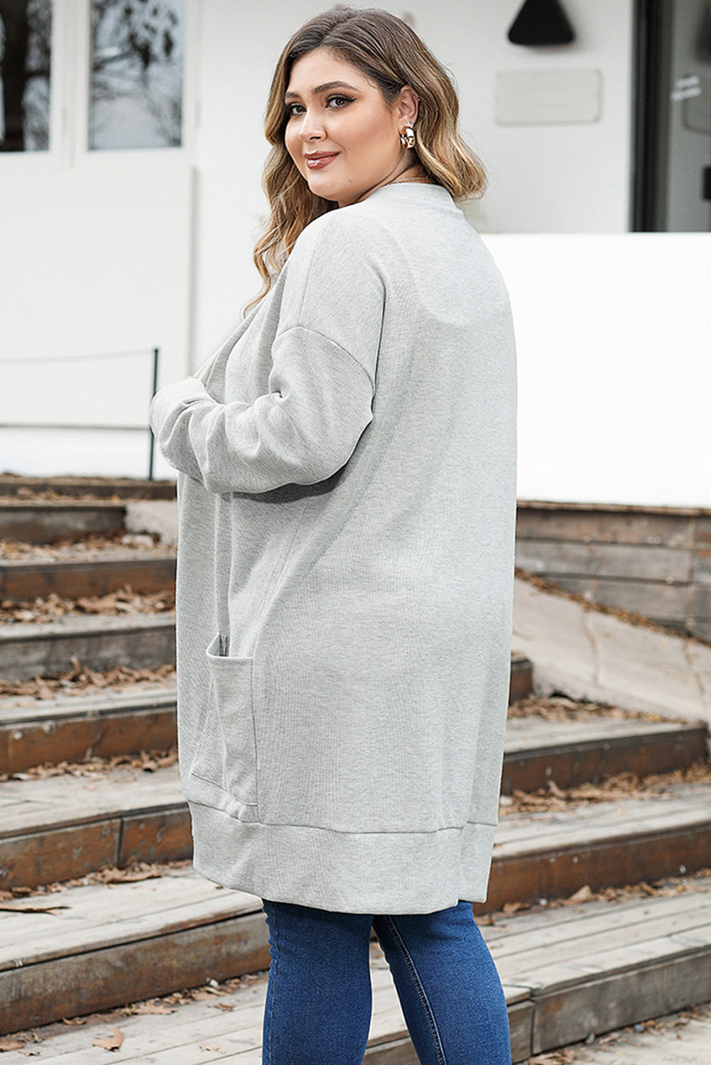 Women's Cardigan Featuring Thermal Knitted Pocket-Detail Plus Size