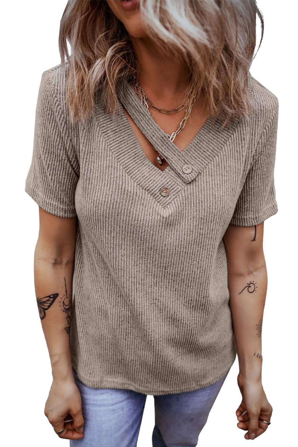 Women's Tee Featuring Rib-Knitted Strappy V Neck