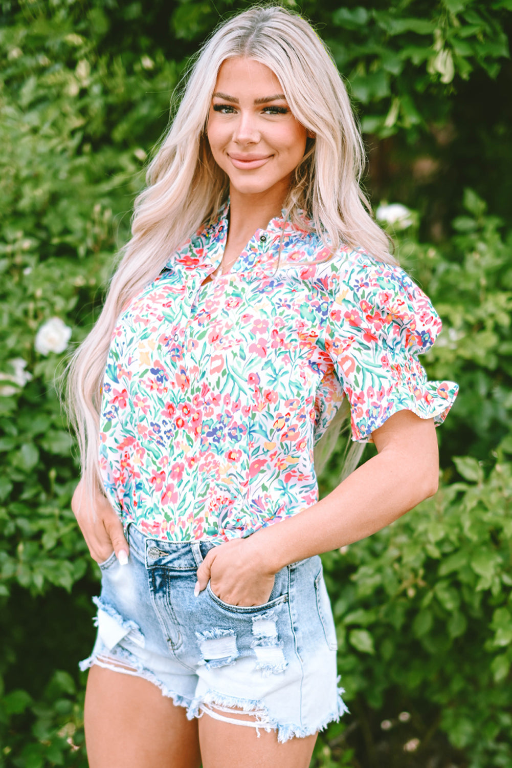 Women's Floral-Print Print Split Neck Balloon Sleeve Blouse