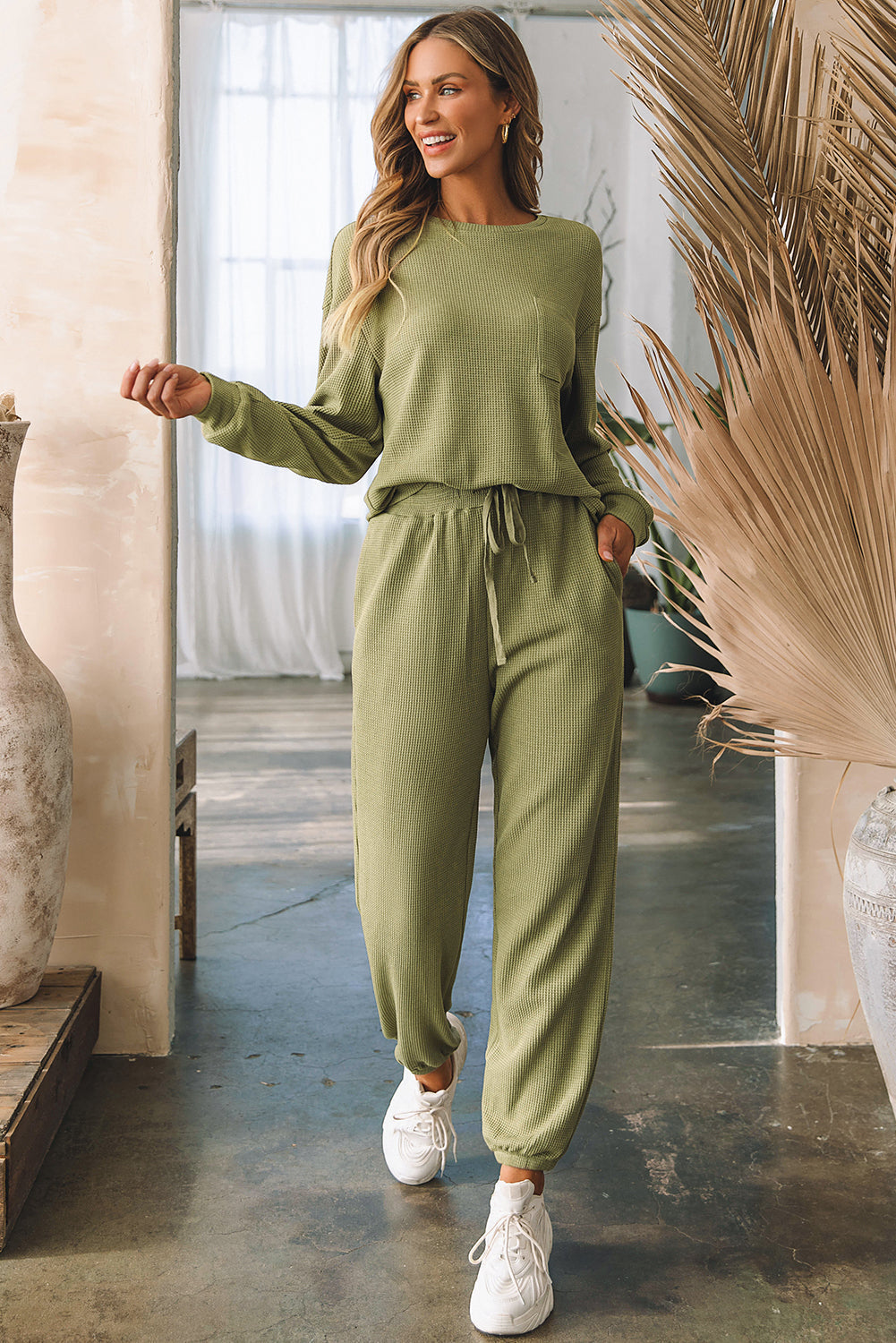 Women's Waffle Knitted Top Drawcord Joggers Set