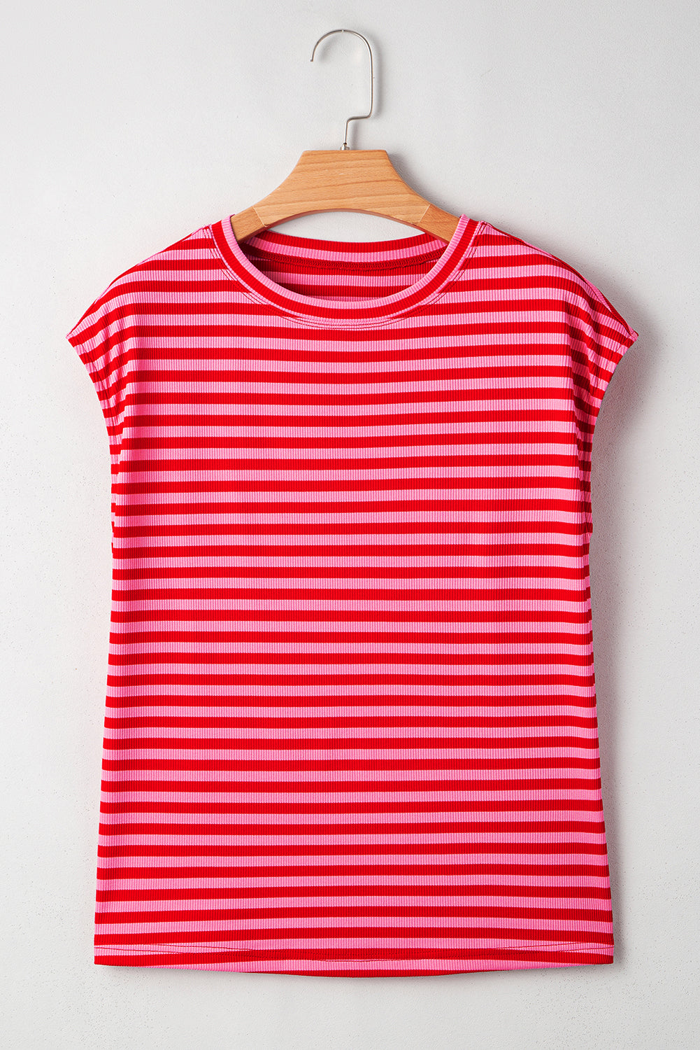 Ribbed Cap Sleeve Round Neck T Shirt
