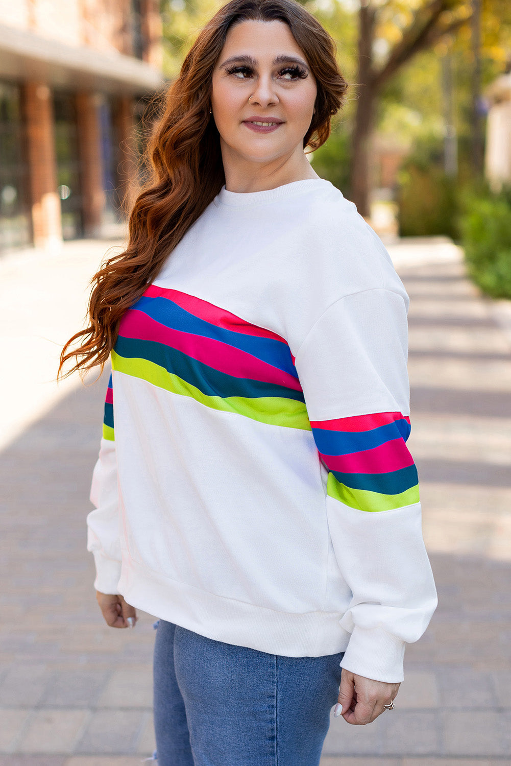 Plus Size Colorful Striped Drop Shoulder Loose Sweatshirt