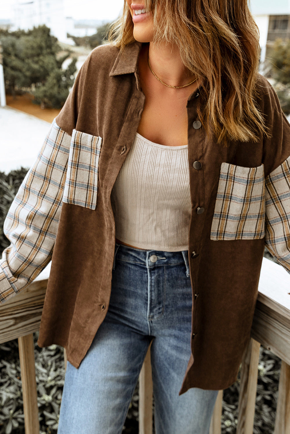 Women's Shirt Jacket Featuring Cord Plaid Patchwork