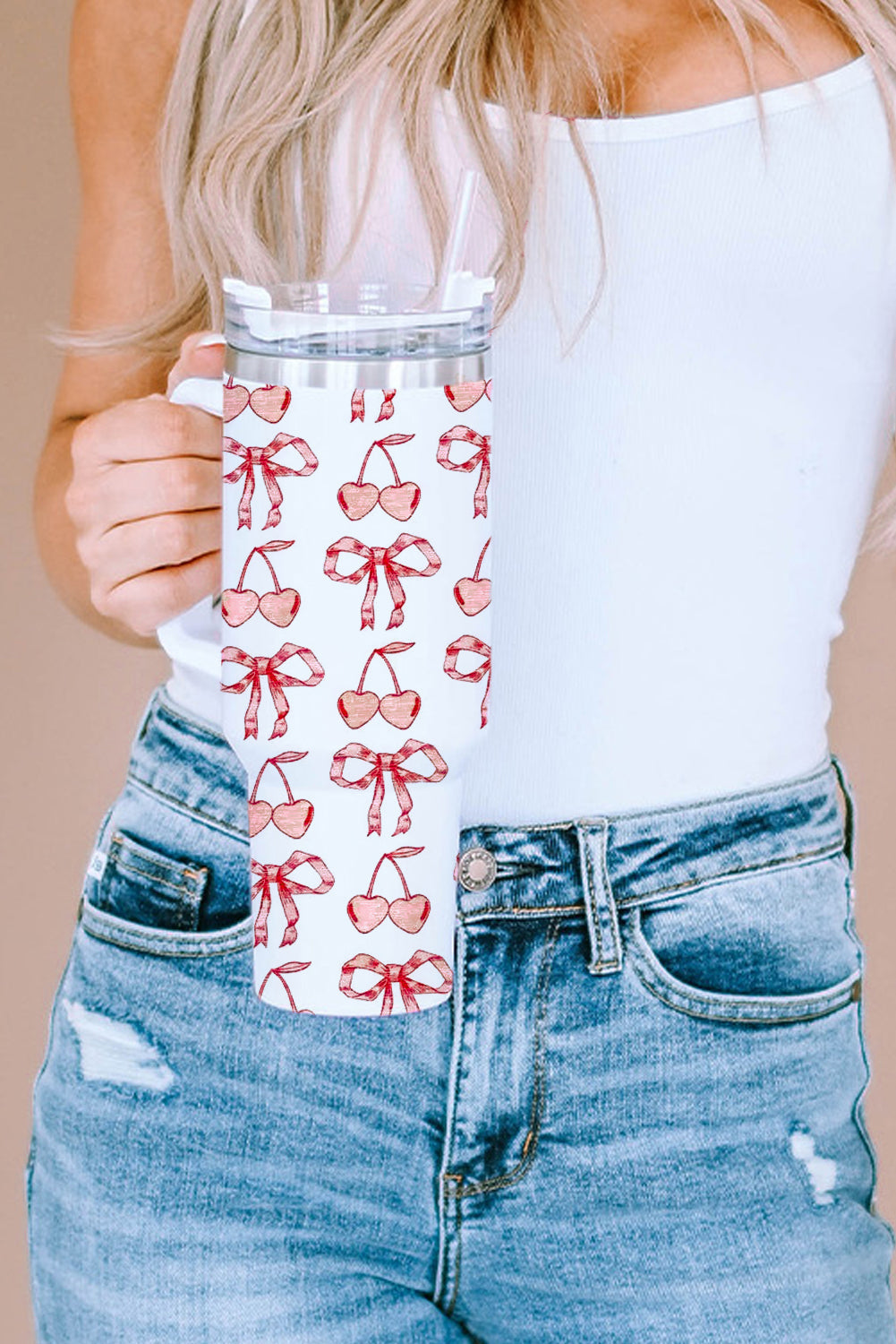 Cherry Large Bowknot Stylish Tumbler with Handle 40oz