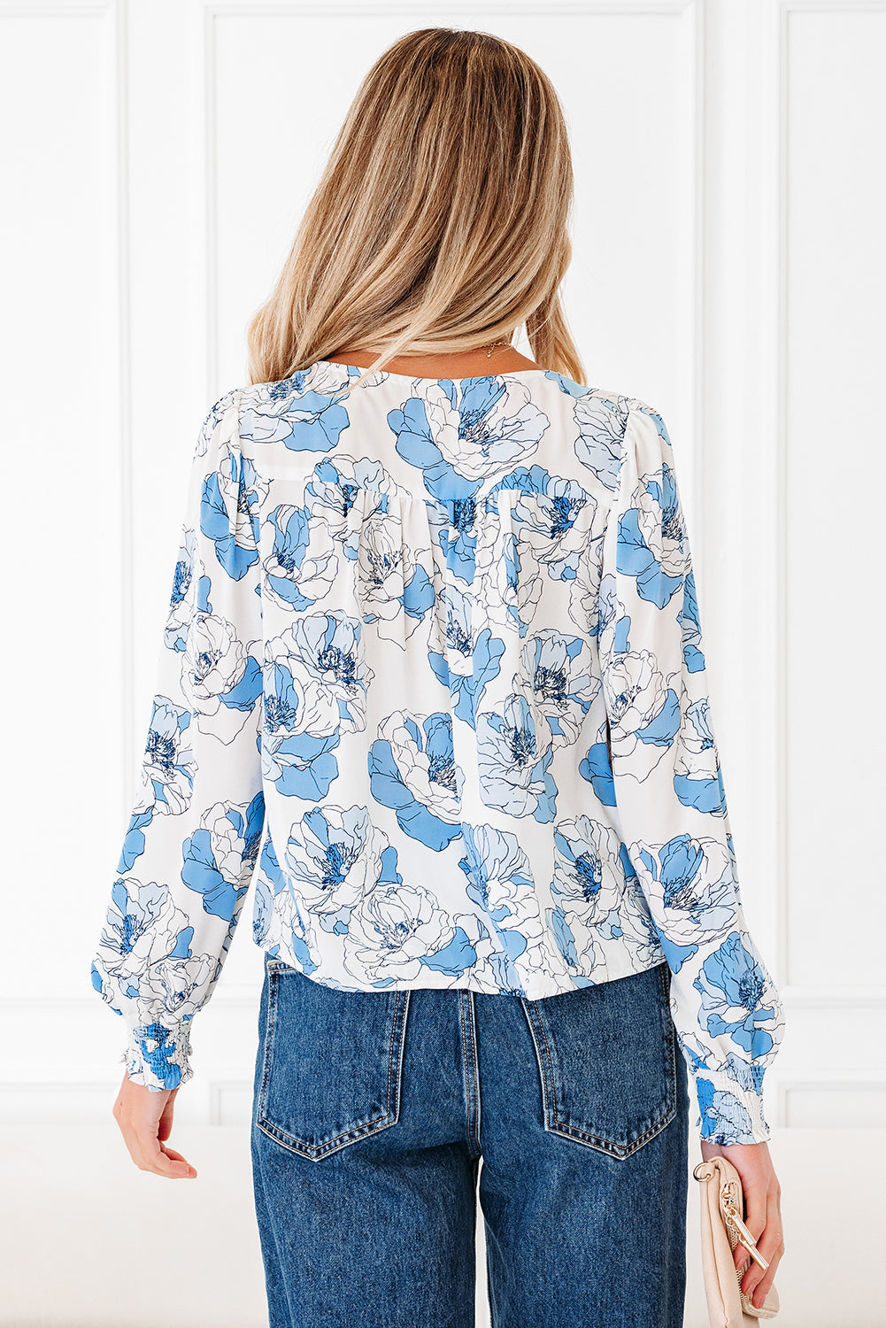 Floral-Print Frilly Smocked Square Neck Long-Sleeved Blouse