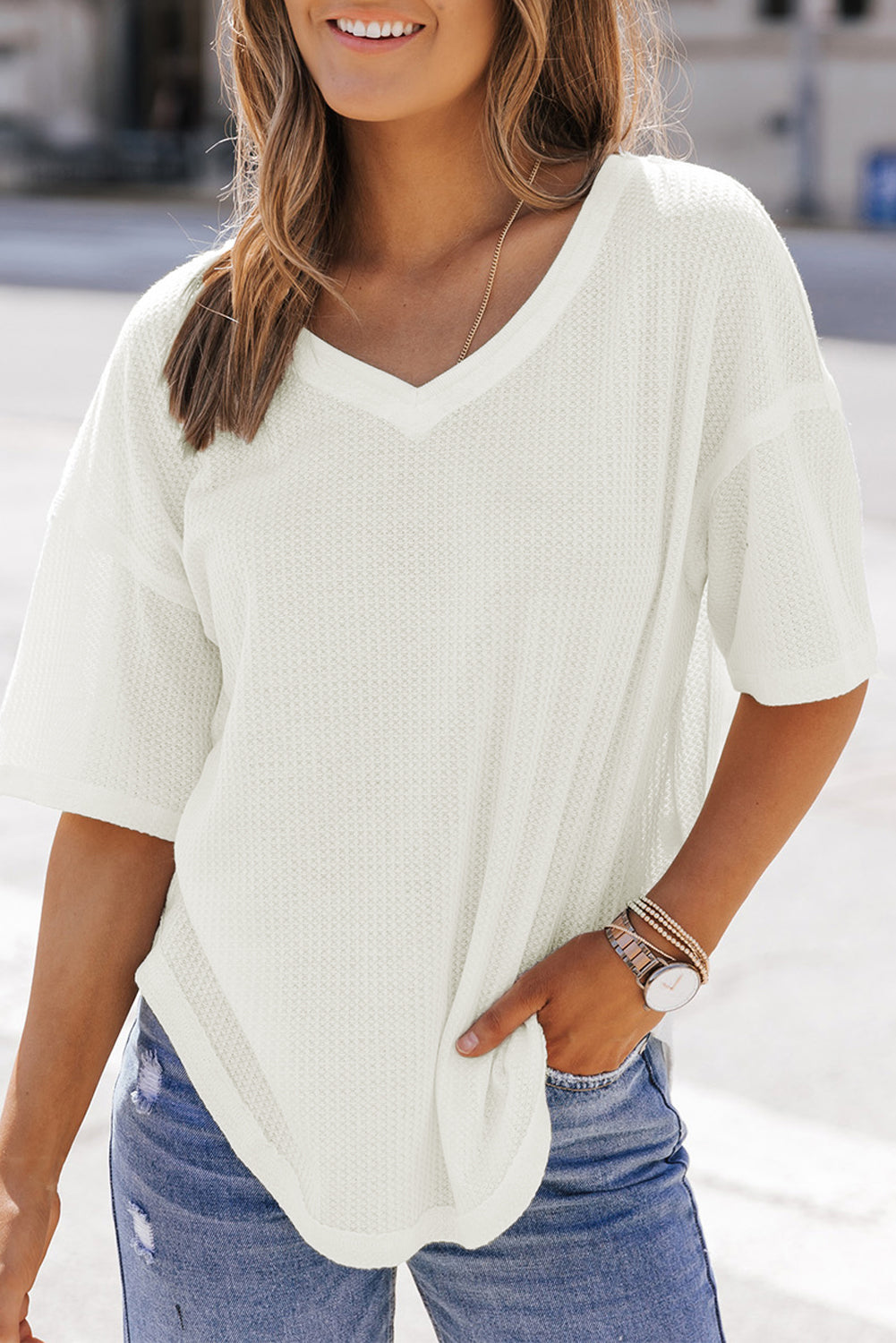 Women's Waffle Knitted Dropped-Shoulder Loose Top