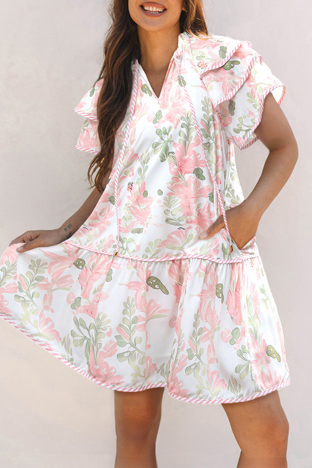 Floral Contrast Edge Layered Short Sleeve Mini Dress