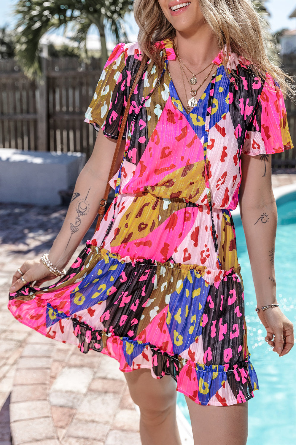 Women's Layered Ruffle-Trimmed Short-Sleeve Mini Dress