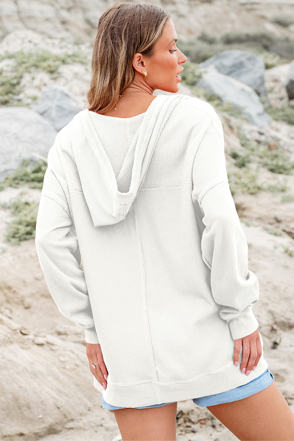 Waffle Drop-Shoulder Oversize Drop-Shoulder Exposed Seam V-Neck Hoodie Featuring Pockets