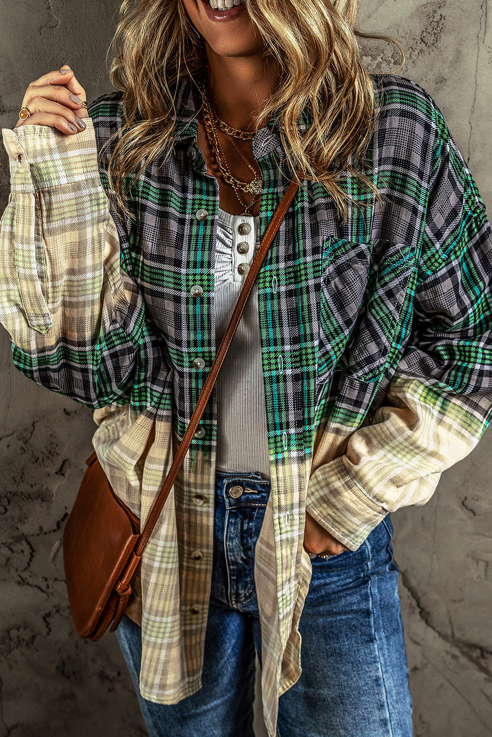 Women's Shacket with Pocket Button Plaid Chest