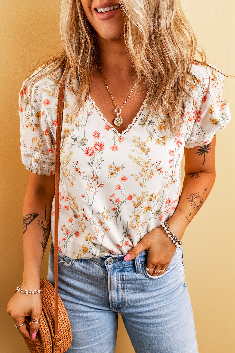 Women's Blouse with Lace-Trimmed Bohemian Floral-Print