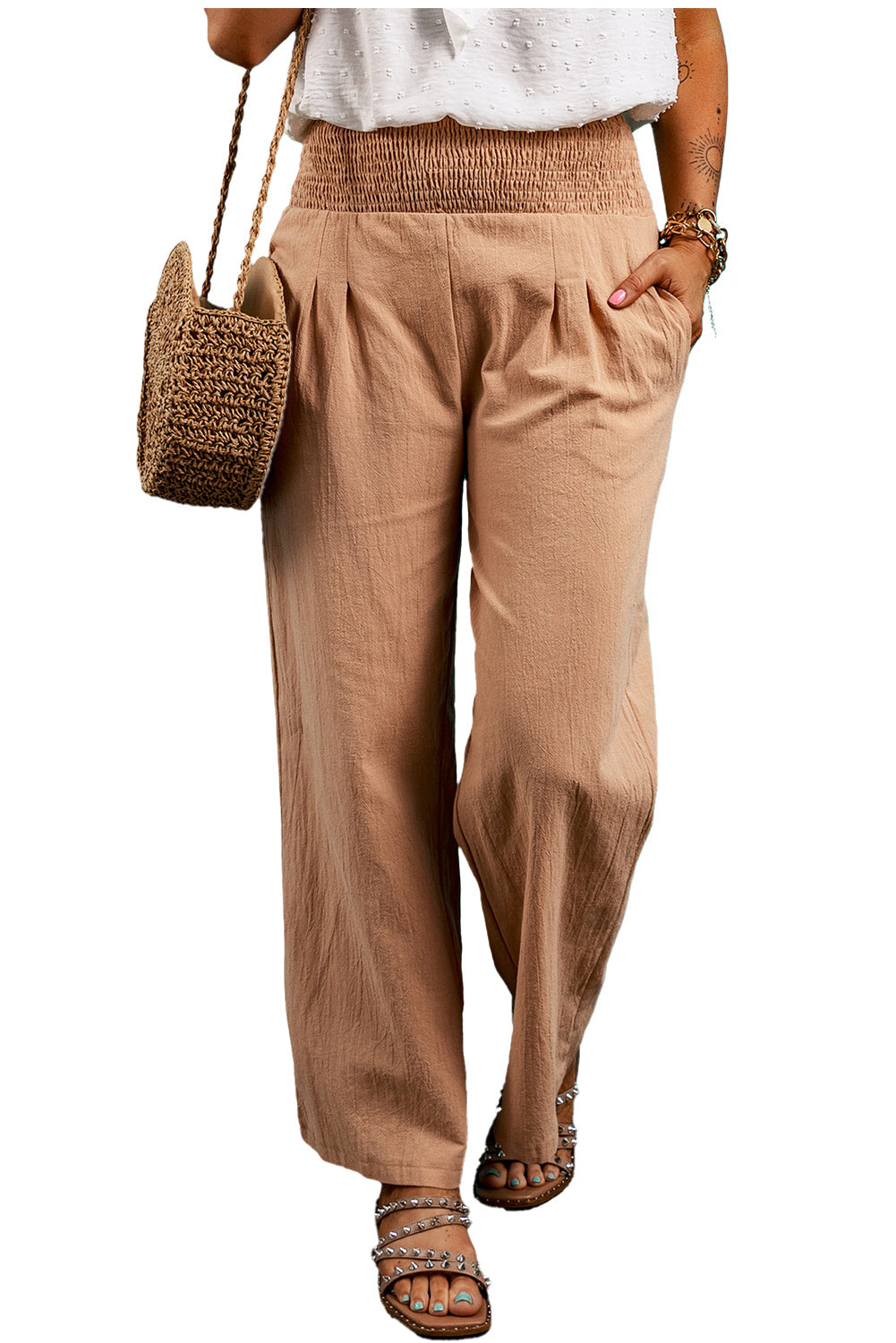 Women's Loose Straight Shirred-Waist Leg Pants