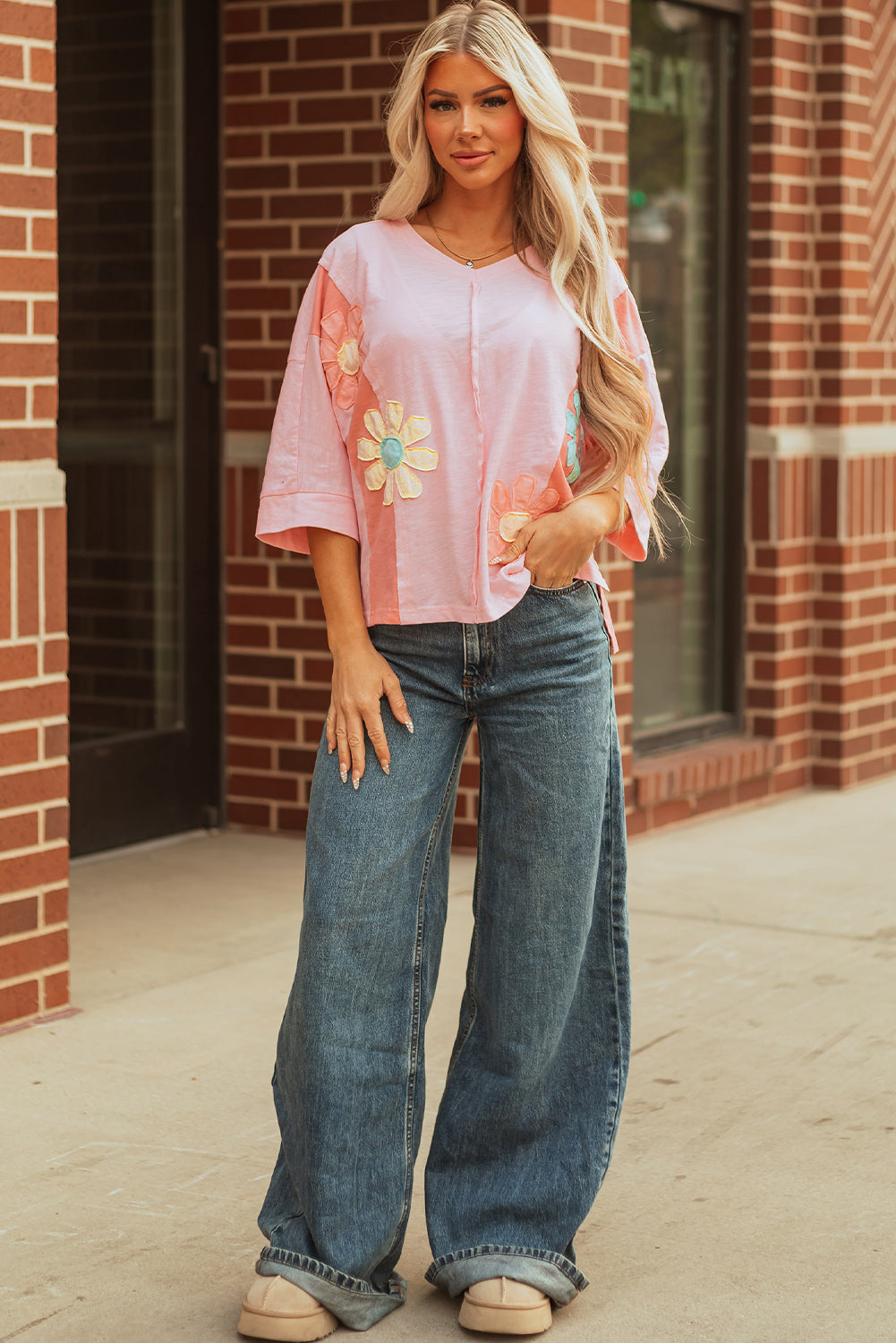 Exposed Flower Patched Seam Bracelet Sleeve Roomy T Shirt