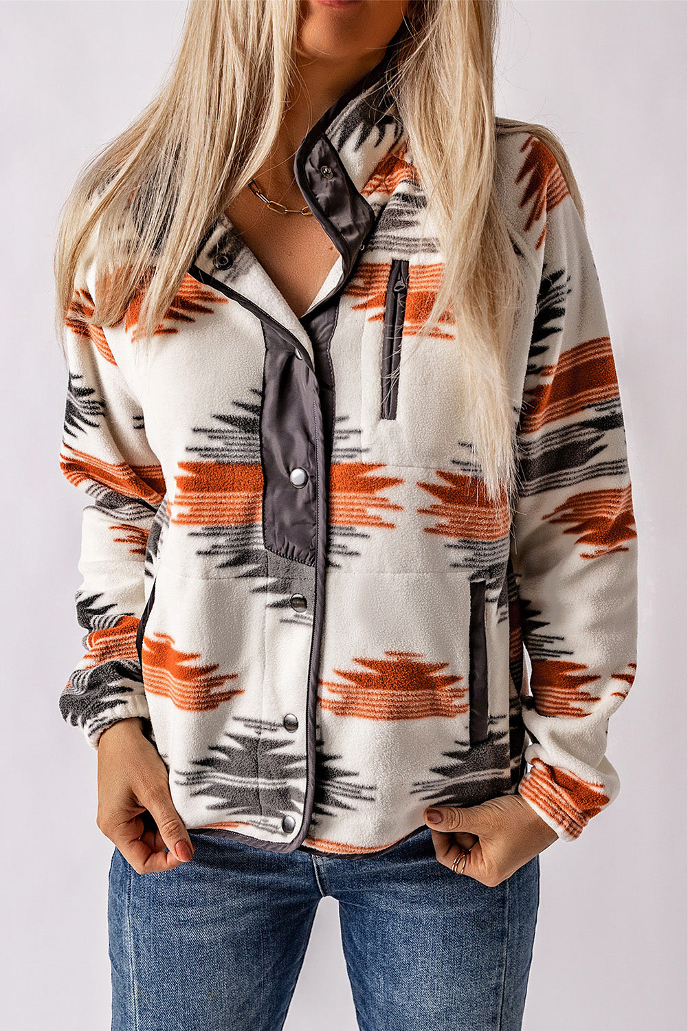Women's Fleece Western Aztec Snap Button-Front Jacket