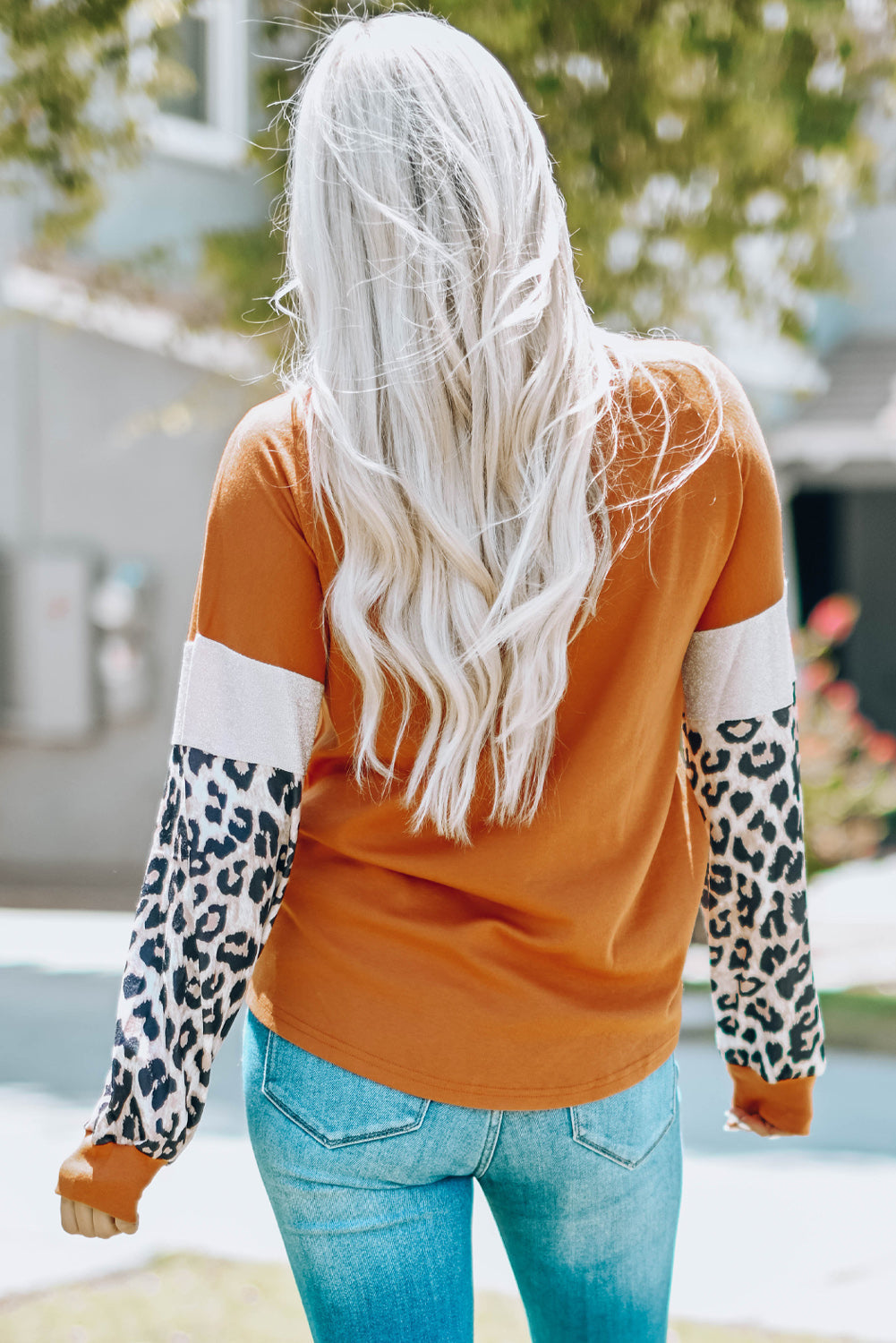 Women's Top with Patchwork Long-Sleeve Leopard-Print