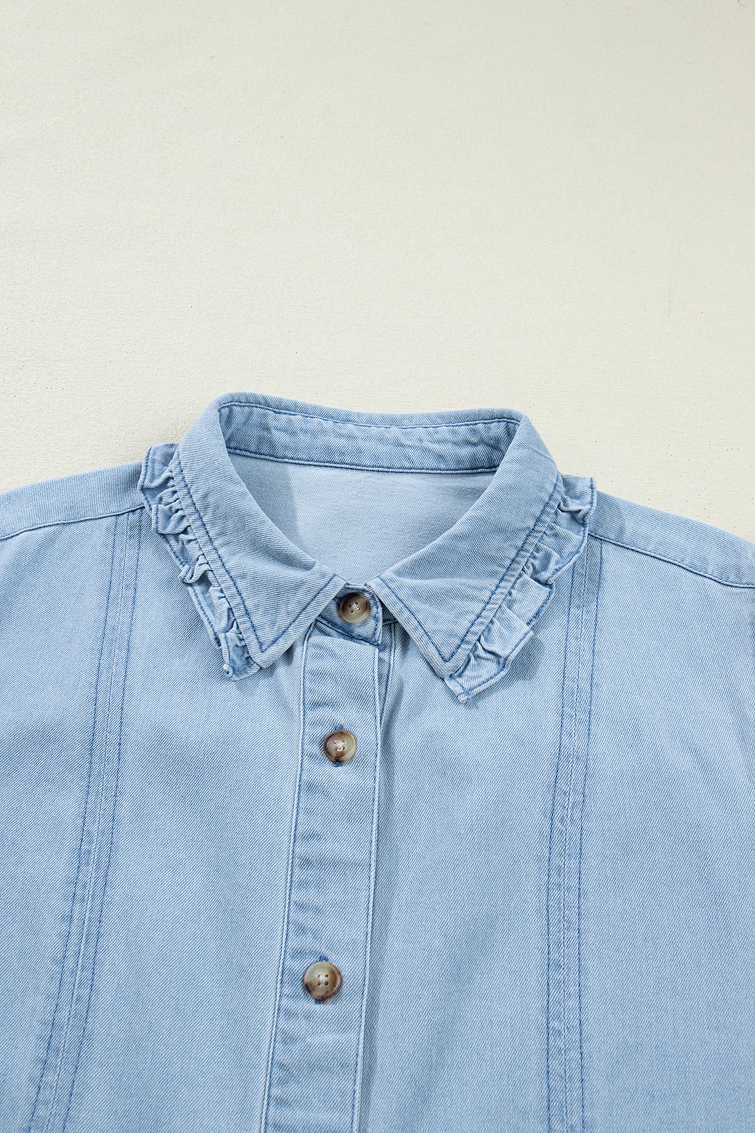 Polished Beau Blue Ruffled Edge Collared Shift Denim Dress Featuring Pockets