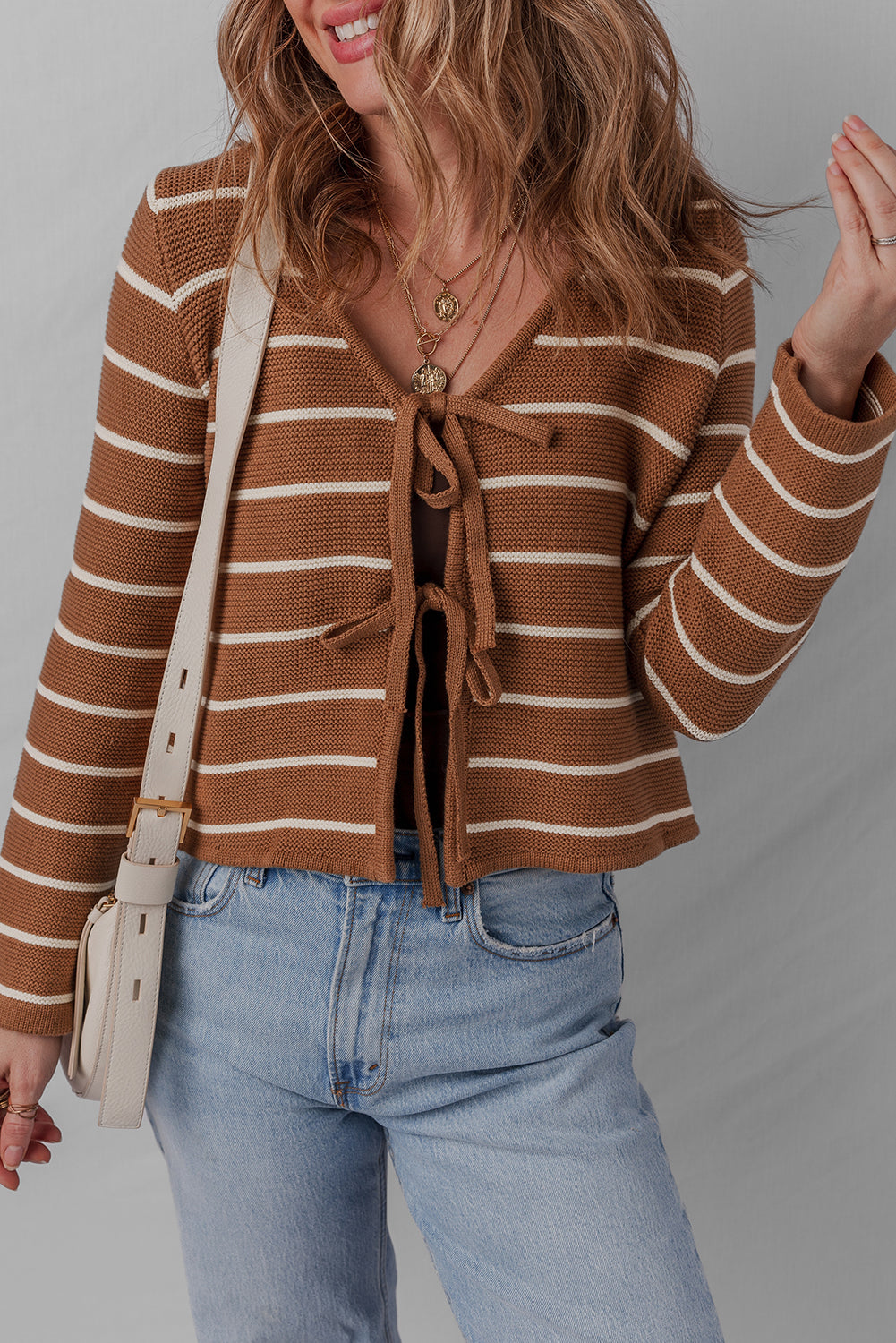 Front Striped Tie Striped Knit V-Neck Cardigan Knit Top